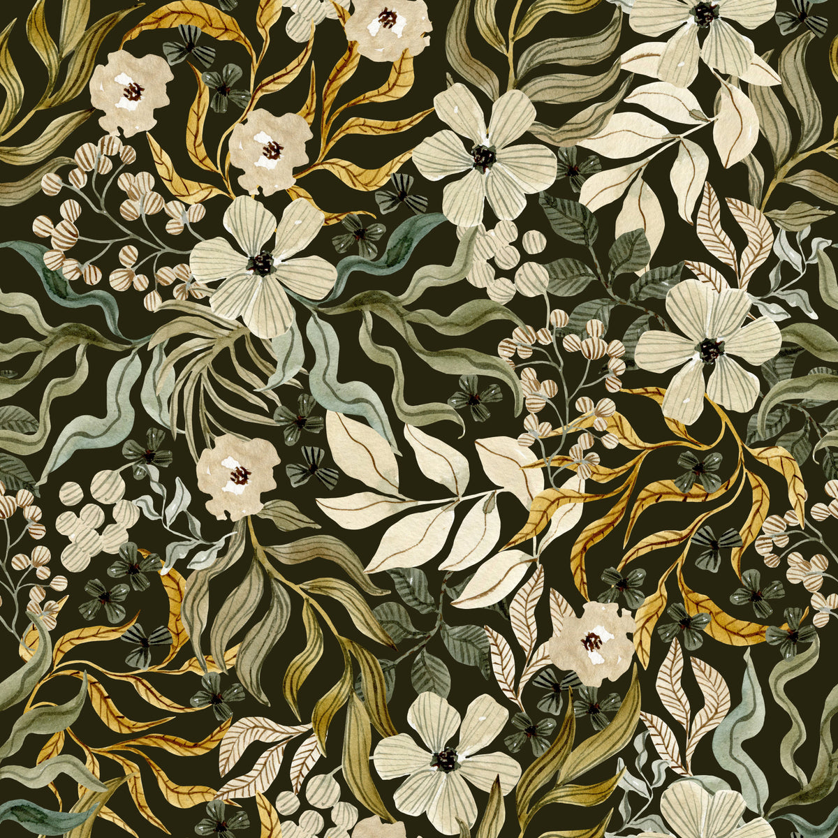 Rustic Cream and Sage Leaf Illustration Wallpaper⁠