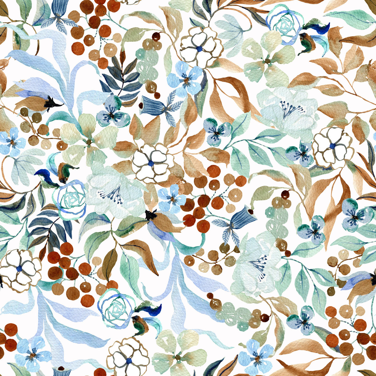Soft Sage and Blue Meadow Pattern Wallpaper⁠ in your room — zoomed
