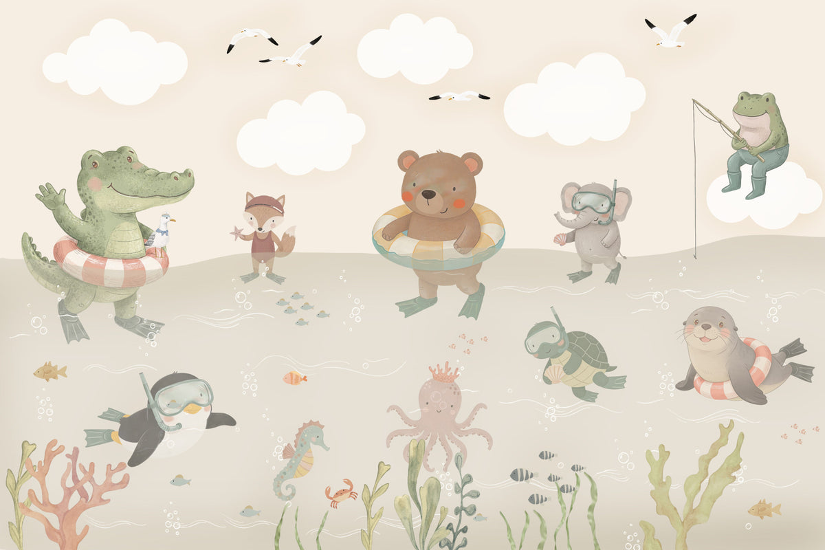 Playful Ocean Friends Illustration Wall Mural in your room — zoomed