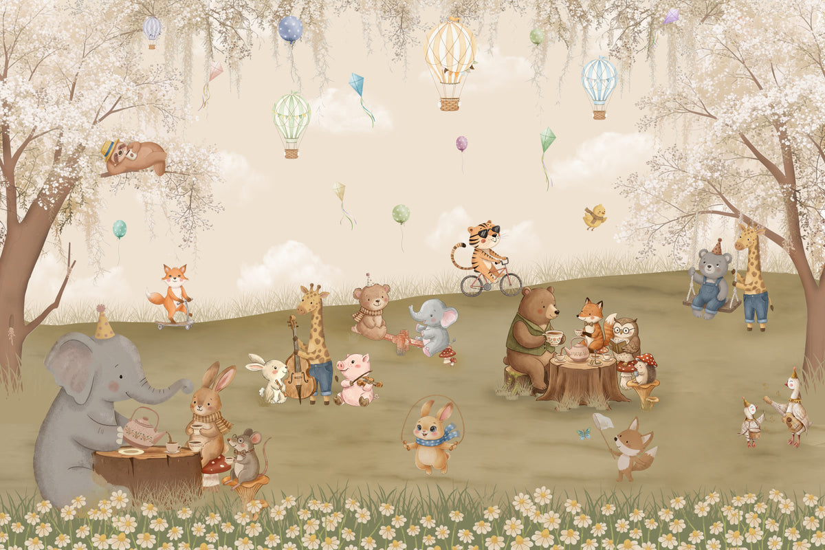 Forest Friends Tea Party Meadow Wall Mural in your room — zoomed