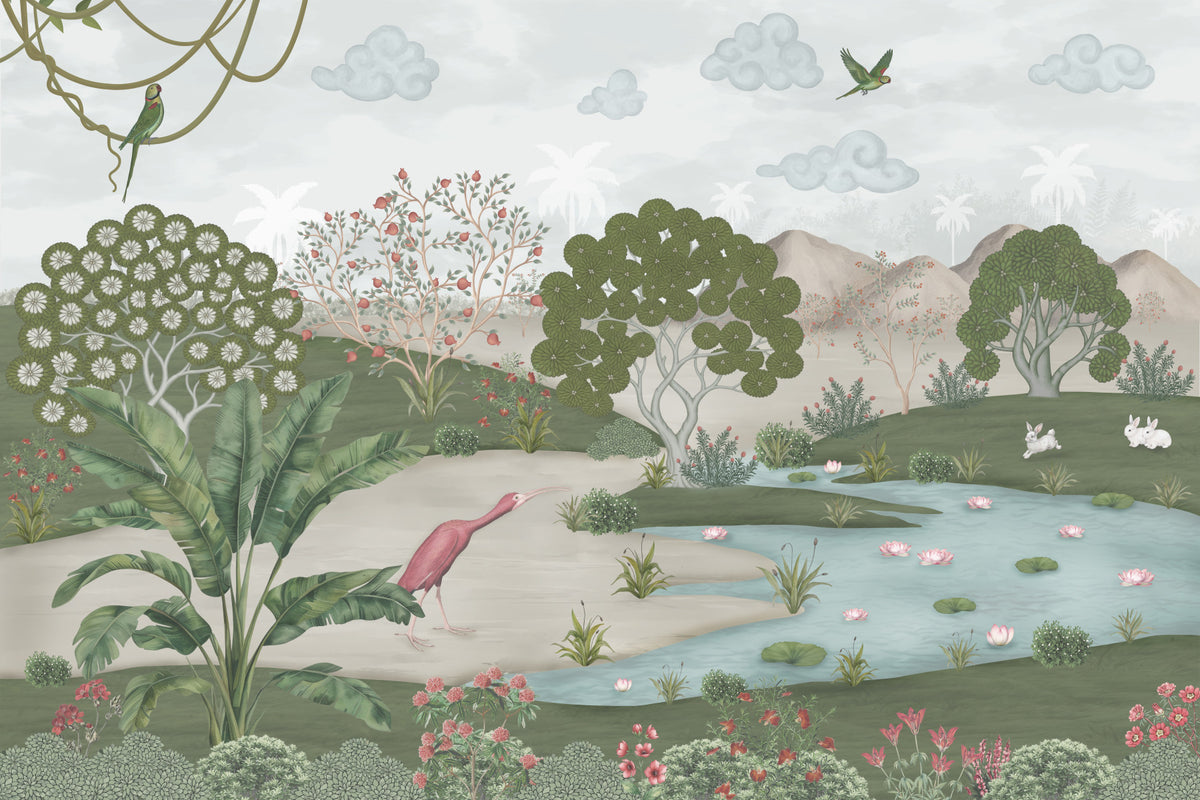 Serene Jungle Stream Illustration Wall Mural in your room — zoomed