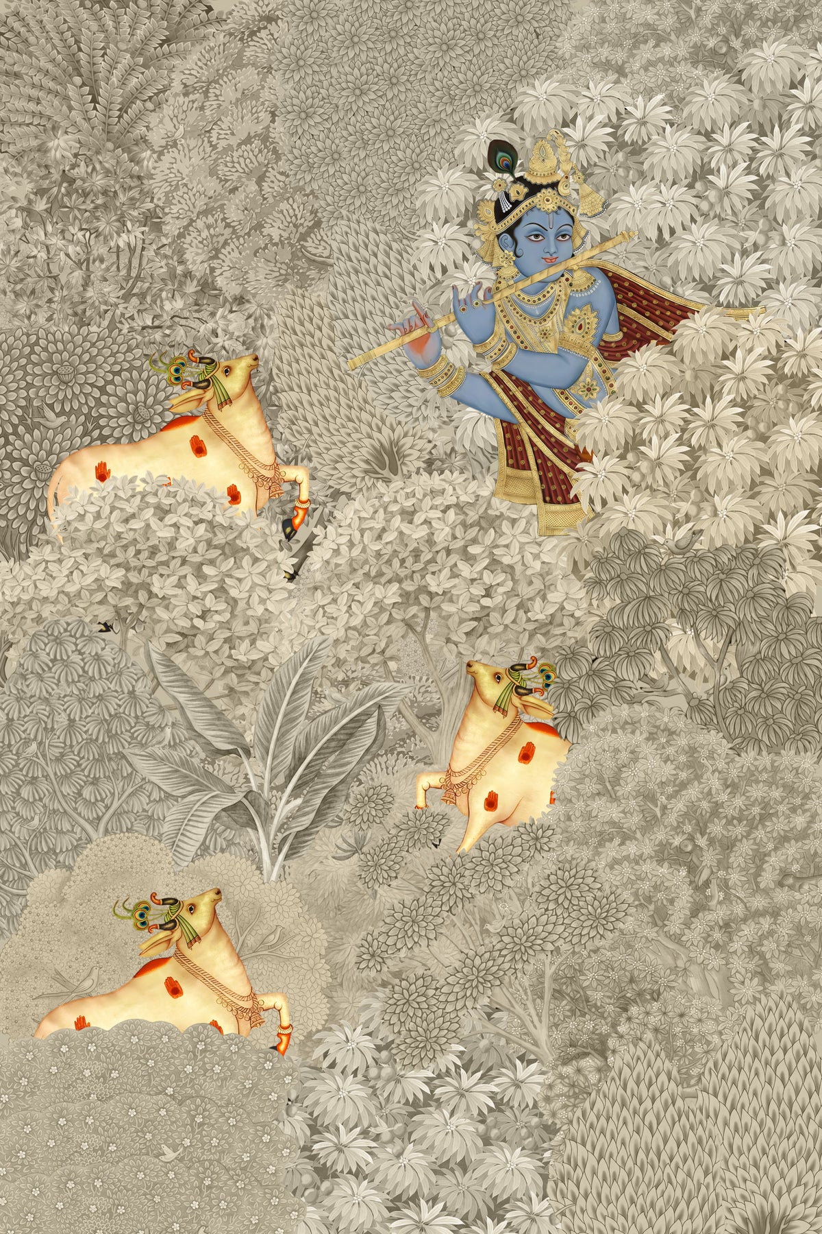 Krishna and Cows Forest Scene Wall Mural in your room — zoomed