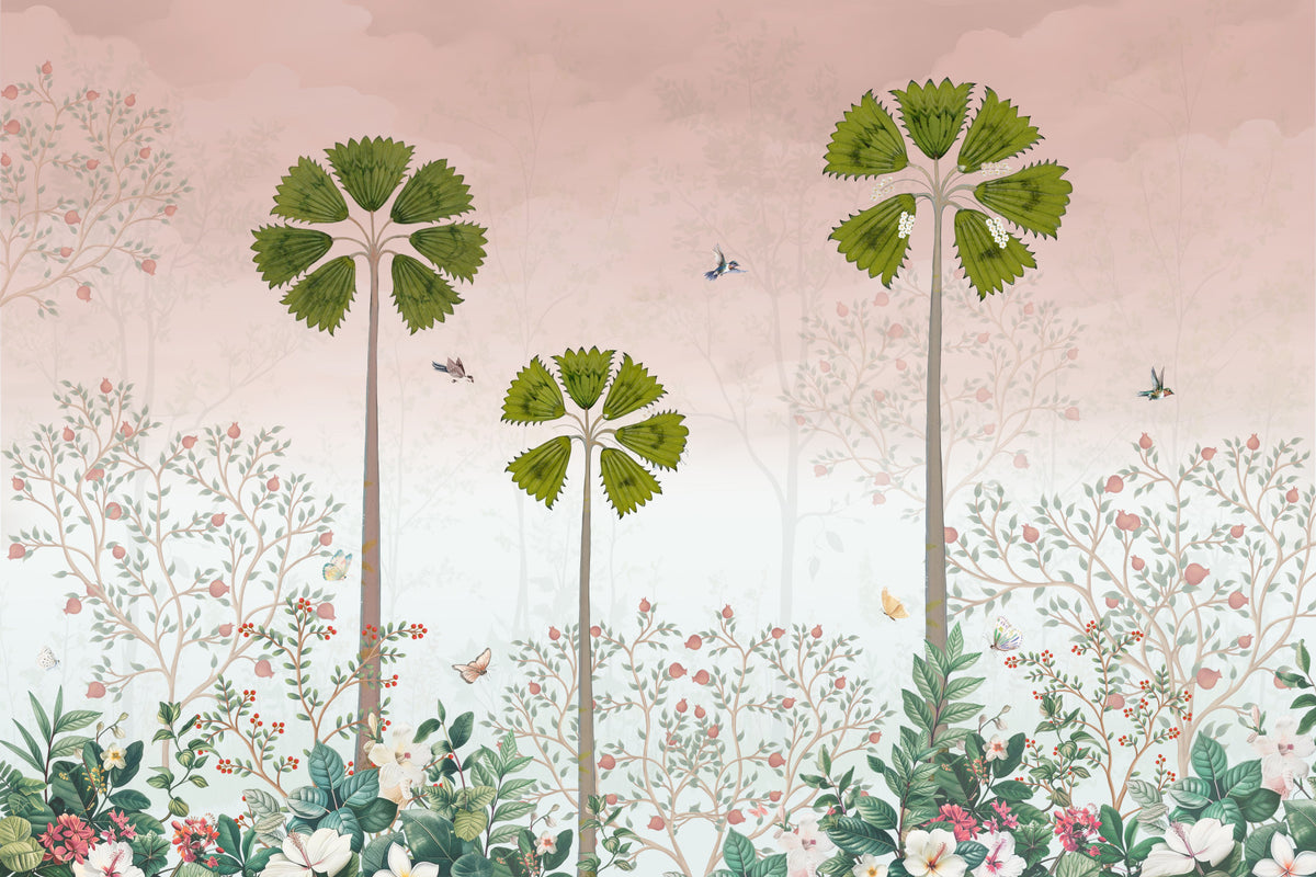 Misty Tropical Palms and Pomegranate Grove Wall Mural