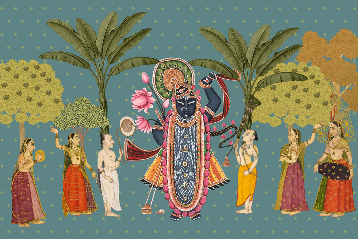 Krishna Divine Garden Illustration Wall Mural in your room — zoomed