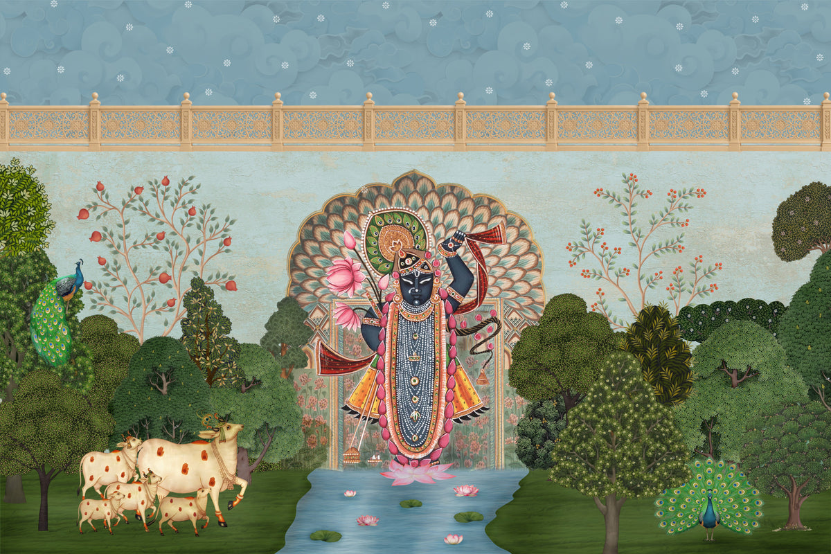 Krishna Divine Garden Landscape Wall Mural in your room — zoomed