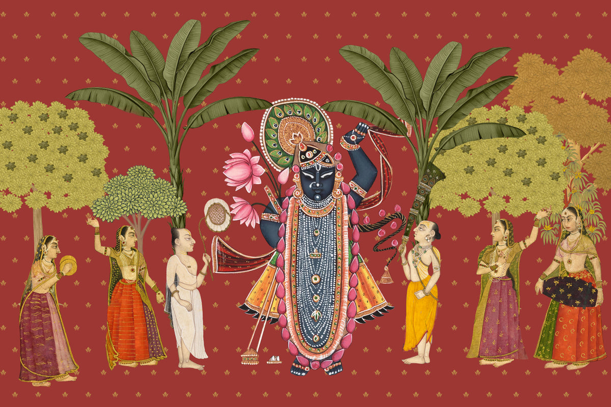 Krishna and Gopis Traditional Indian Art Wall Mural in your room — zoomed
