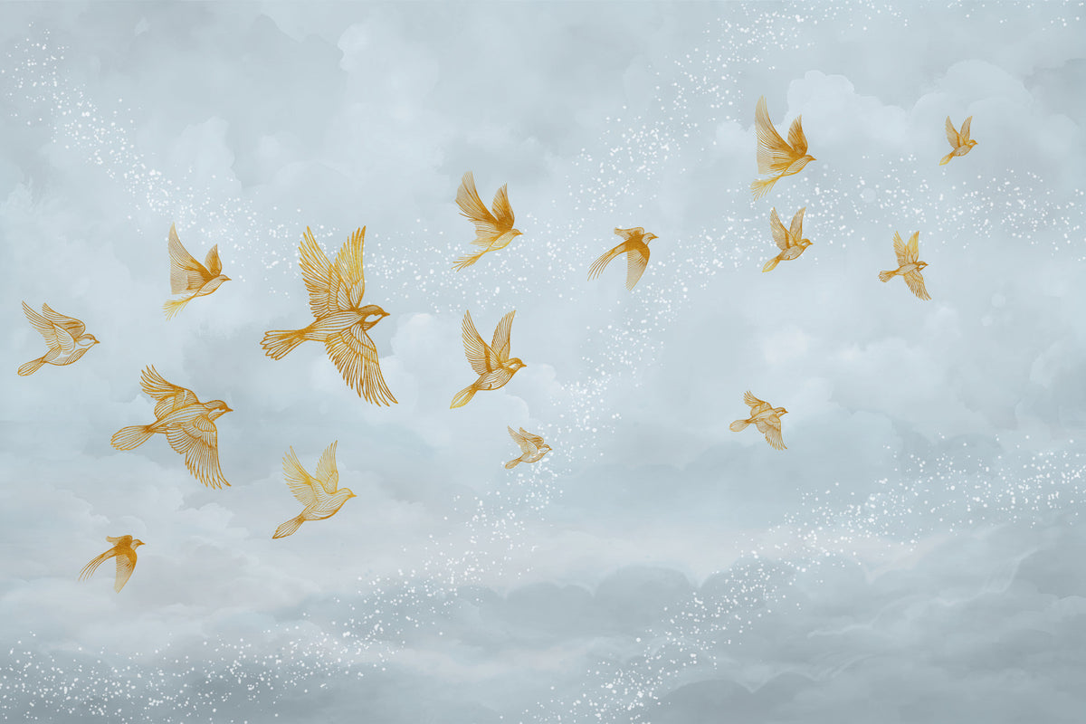 Golden Avian Flight in Misty Clouds Wall Mural in your room — zoomed