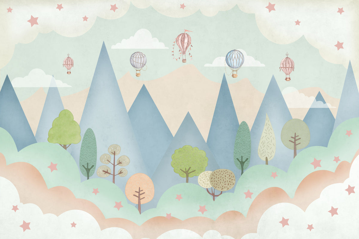 Dreamy Hot Air Balloon Mountain Adventure Wall Mural