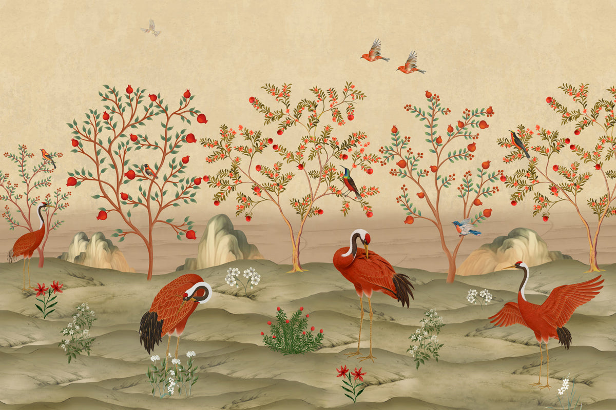 Crimson Cranes in Pomegranate Grove Wall Mural in your room — zoomed