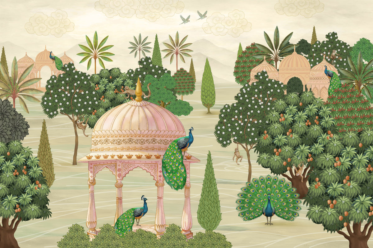 Royal Garden Peacocks and Temples Wall Mural in your room — zoomed