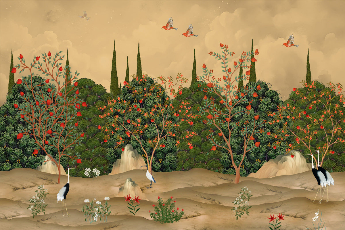 Botanical Pomegranate Orchard Illustration Wall Mural in your room — zoomed