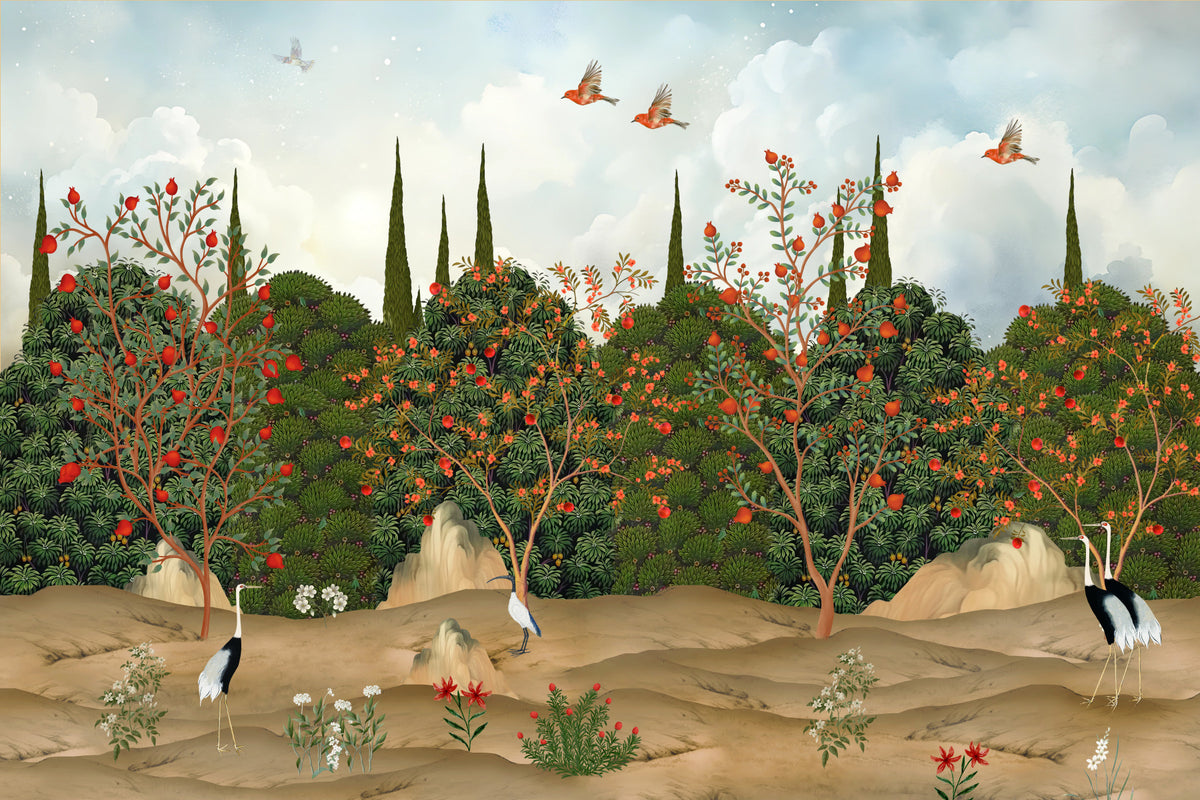 Orchard of Cranes and Pomegranates Wall Mural