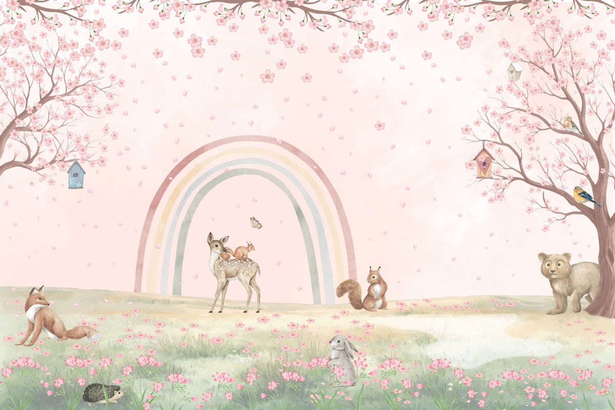 Whimsical Forest Friends with Soft Rainbow Wall Mural in your room — zoomed