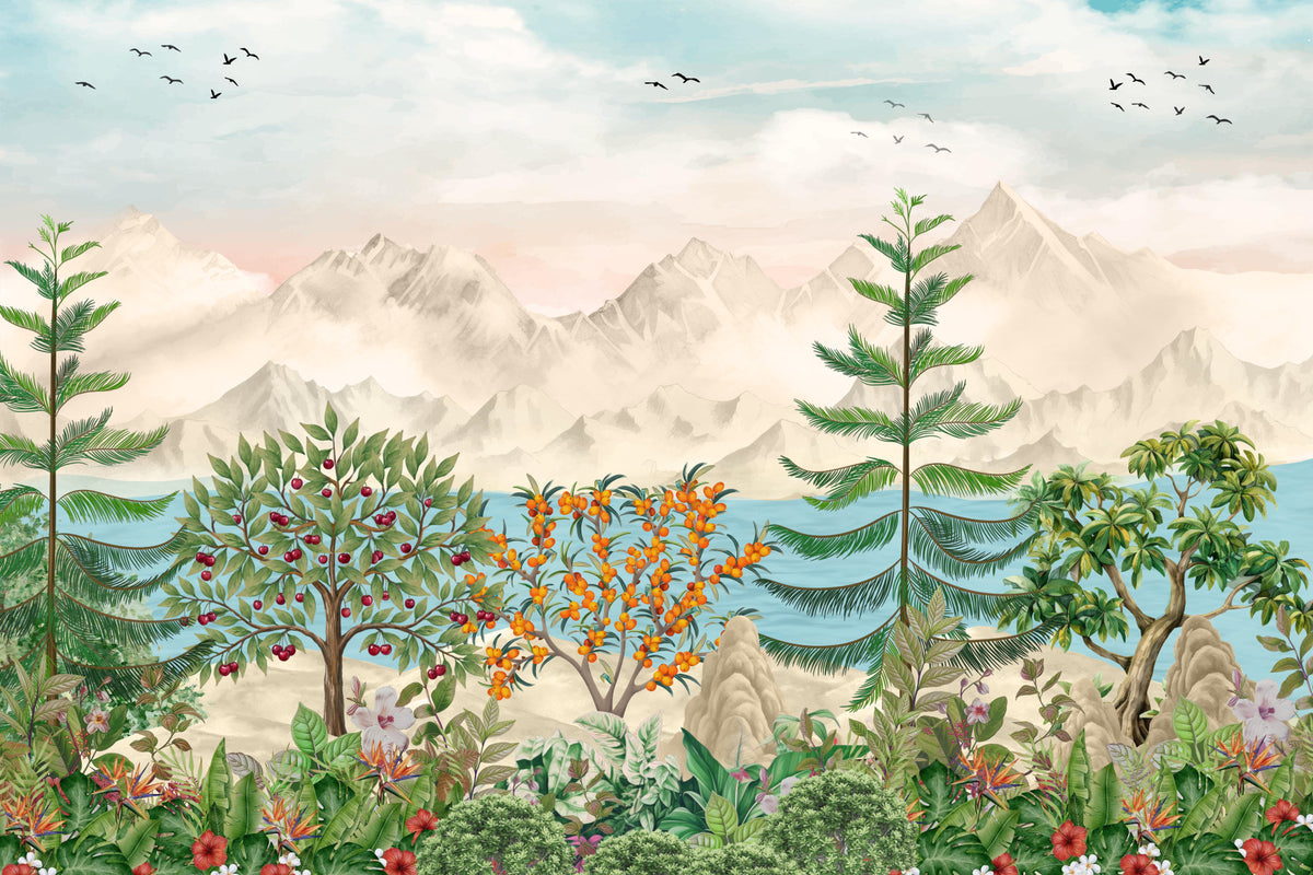 Serene Mountain Orchard Vista Wall Mural in your room — zoomed