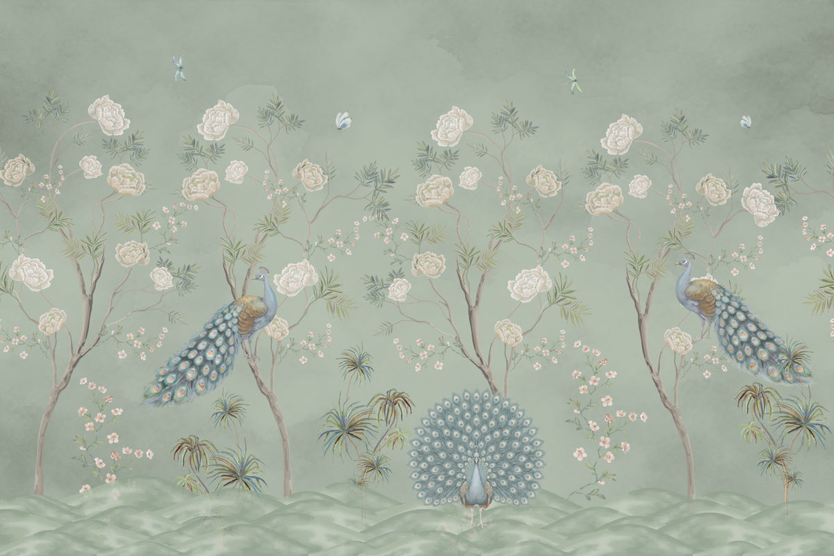 Sage Garden Peacock Scene Wall Mural in your room — zoomed