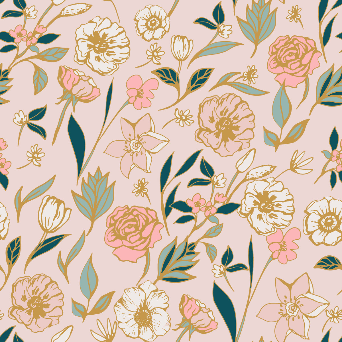 Soft Blush Botanical Garden Illustration Wallpaper⁠ in your room — zoomed