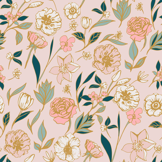 Soft Blush Botanical Garden Illustration Wallpaper⁠