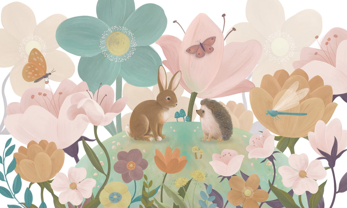 Meadow Friends and Garden Blooms Wall Mural in your room — zoomed