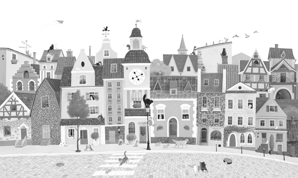Feline Street Scene Monochrome Illustration Wall Mural in your room — zoomed