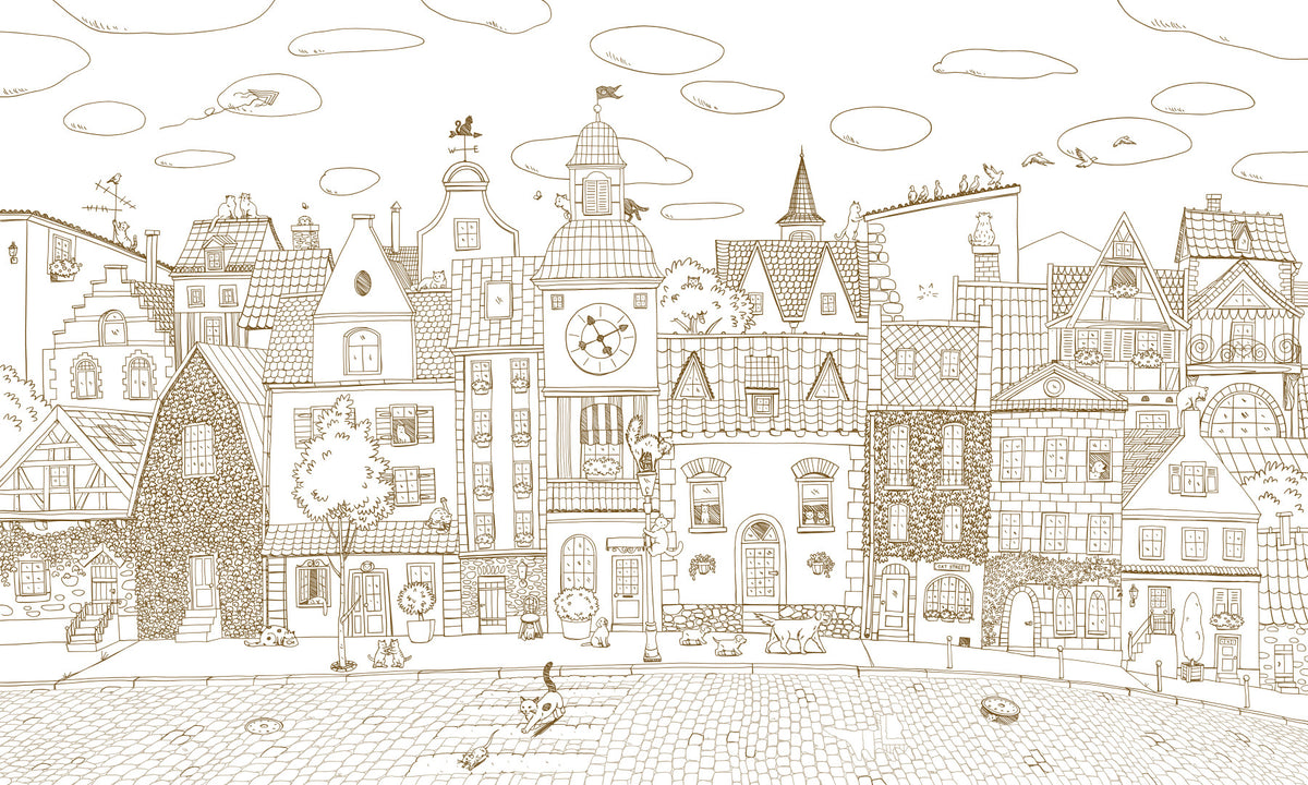 Whimsical Feline Village Scene Wall Mural in your room — zoomed