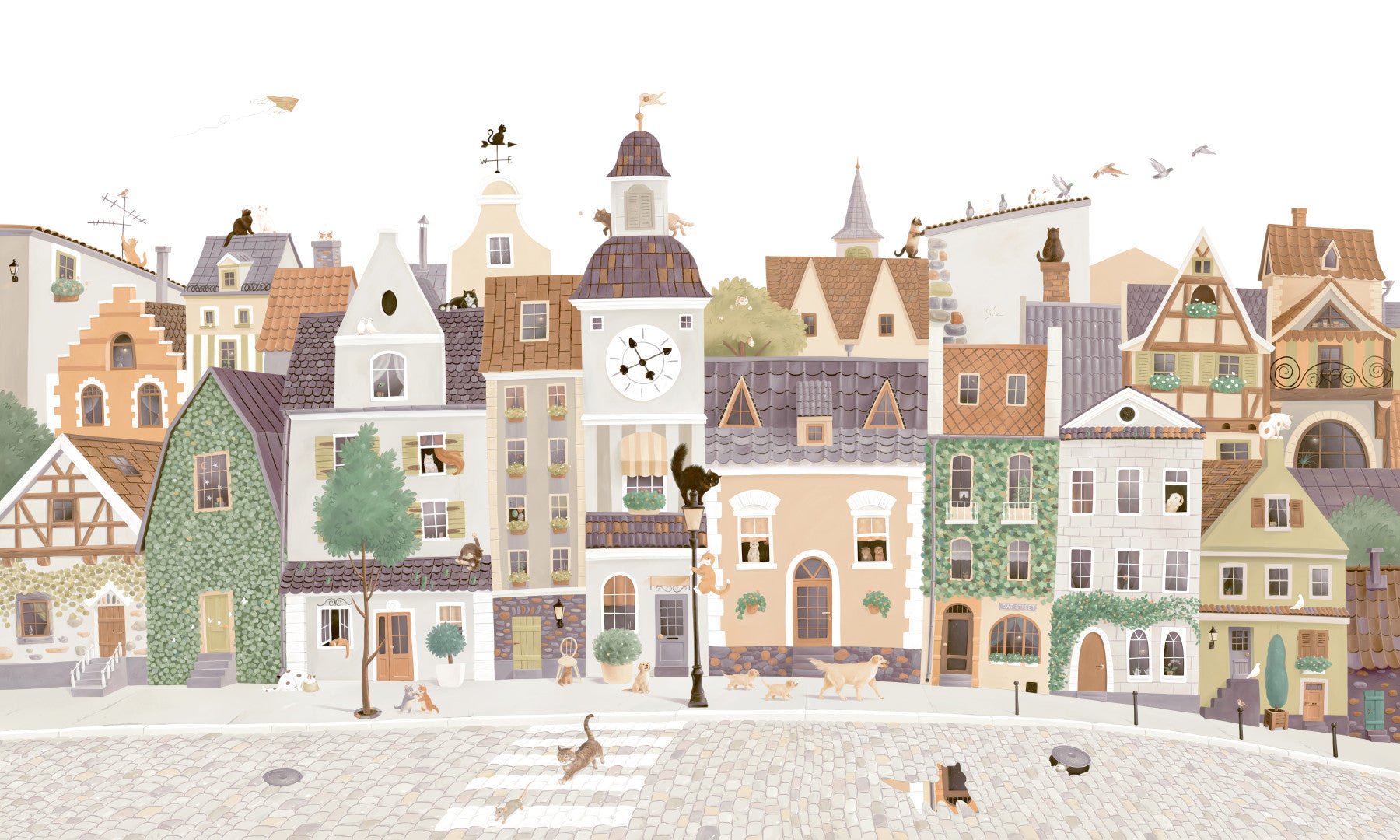 Whimsical Cat and Dog Village Townscape Wall Mural
