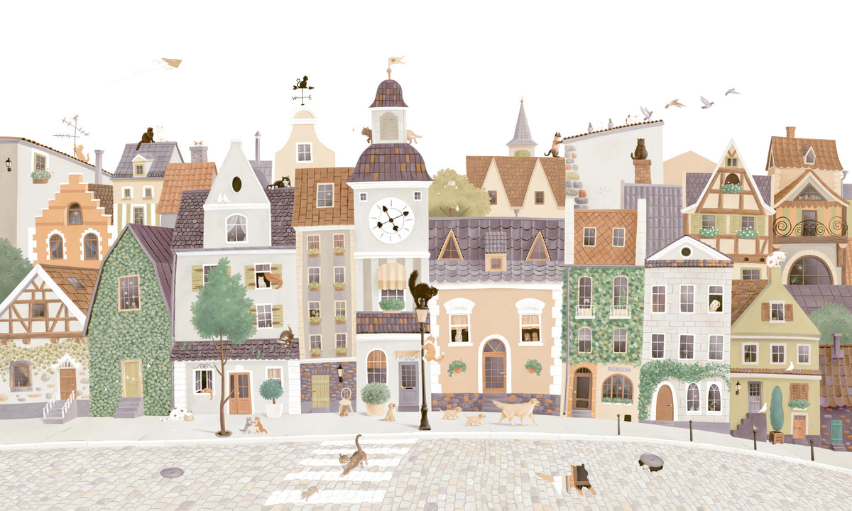 Whimsical Cat and Dog Village Townscape Wall Mural in your room — zoomed