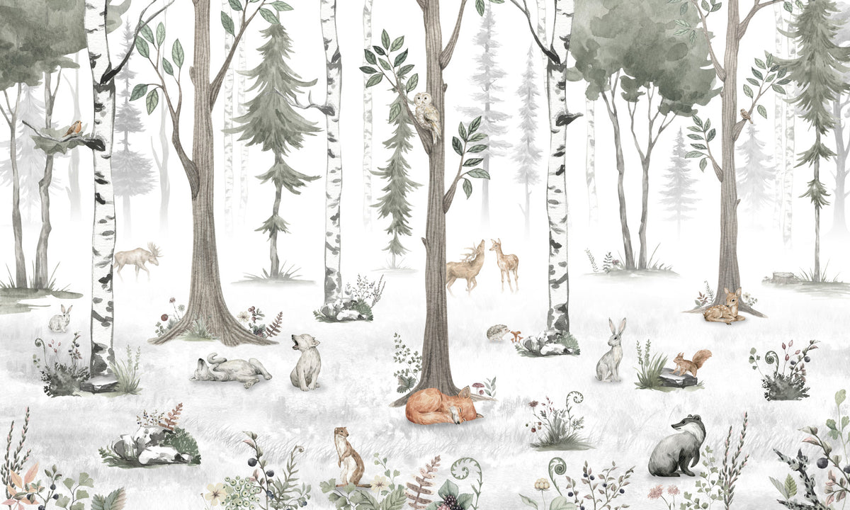 Misty Woodland Animal Gathering Wall Mural in your room — zoomed
