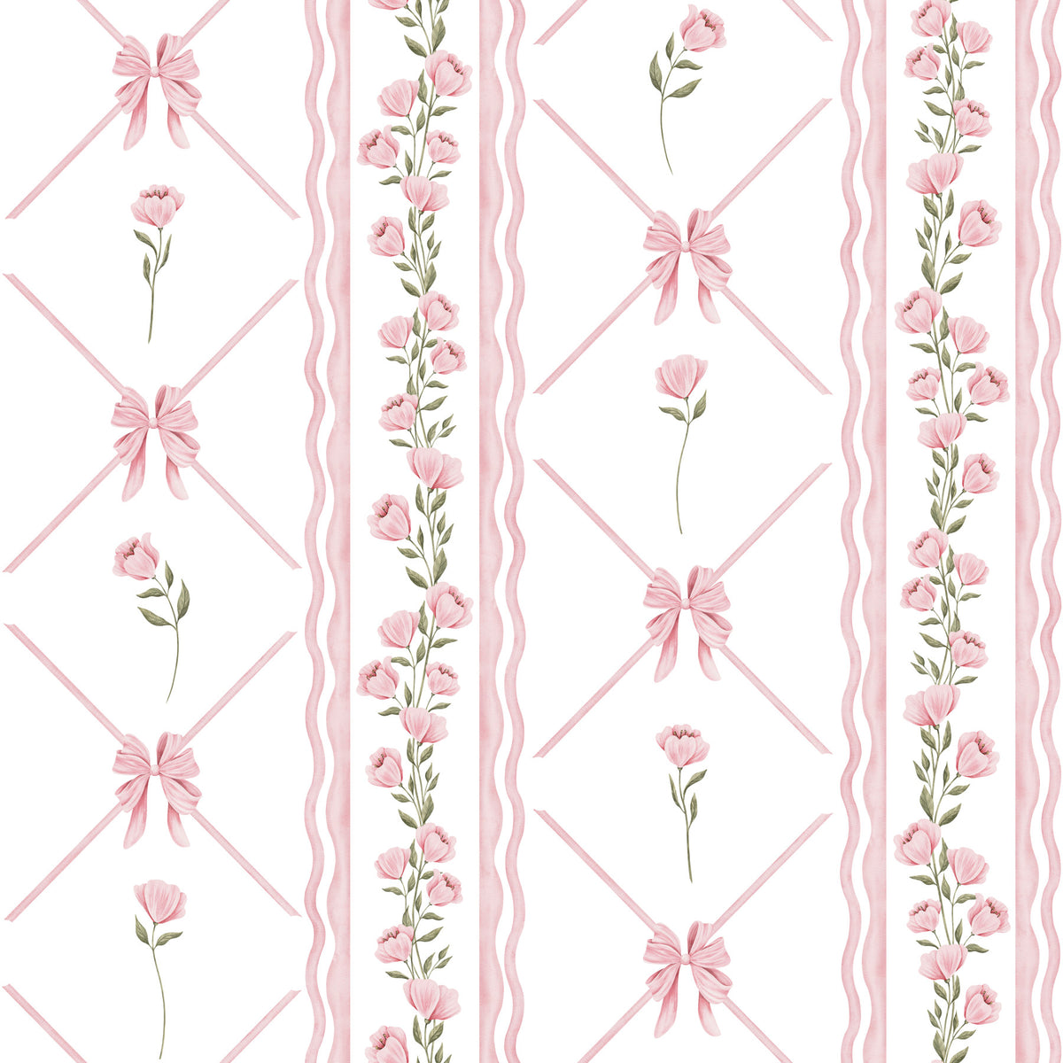 Soft Pink Ribbon and Floral Trellis Wallpaper⁠