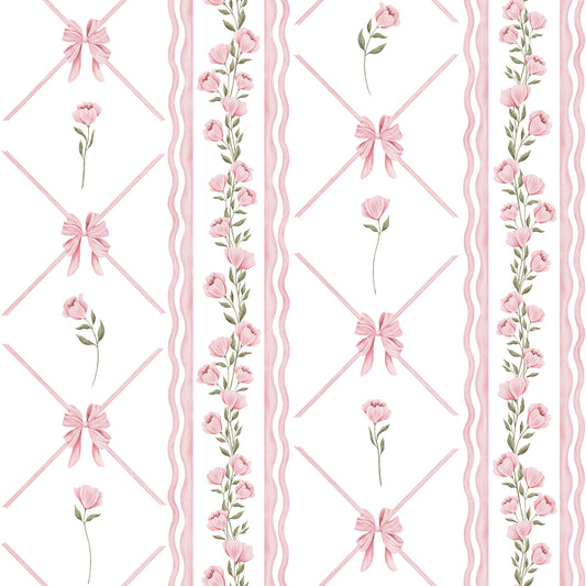 Soft Pink Ribbon and Floral Trellis Wallpaper⁠