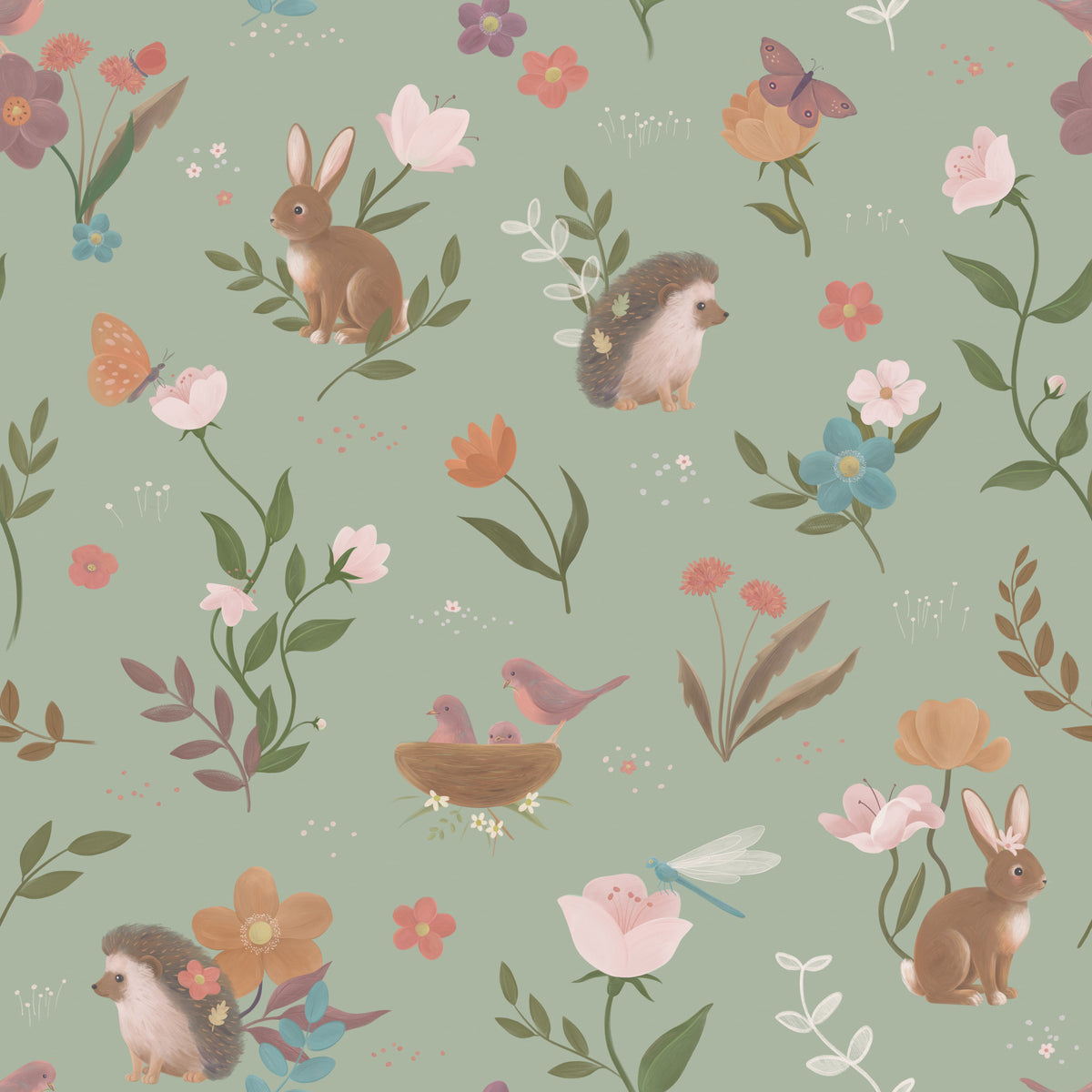Forest Friends and Floral Meadow Wallpaper⁠ in your room — zoomed