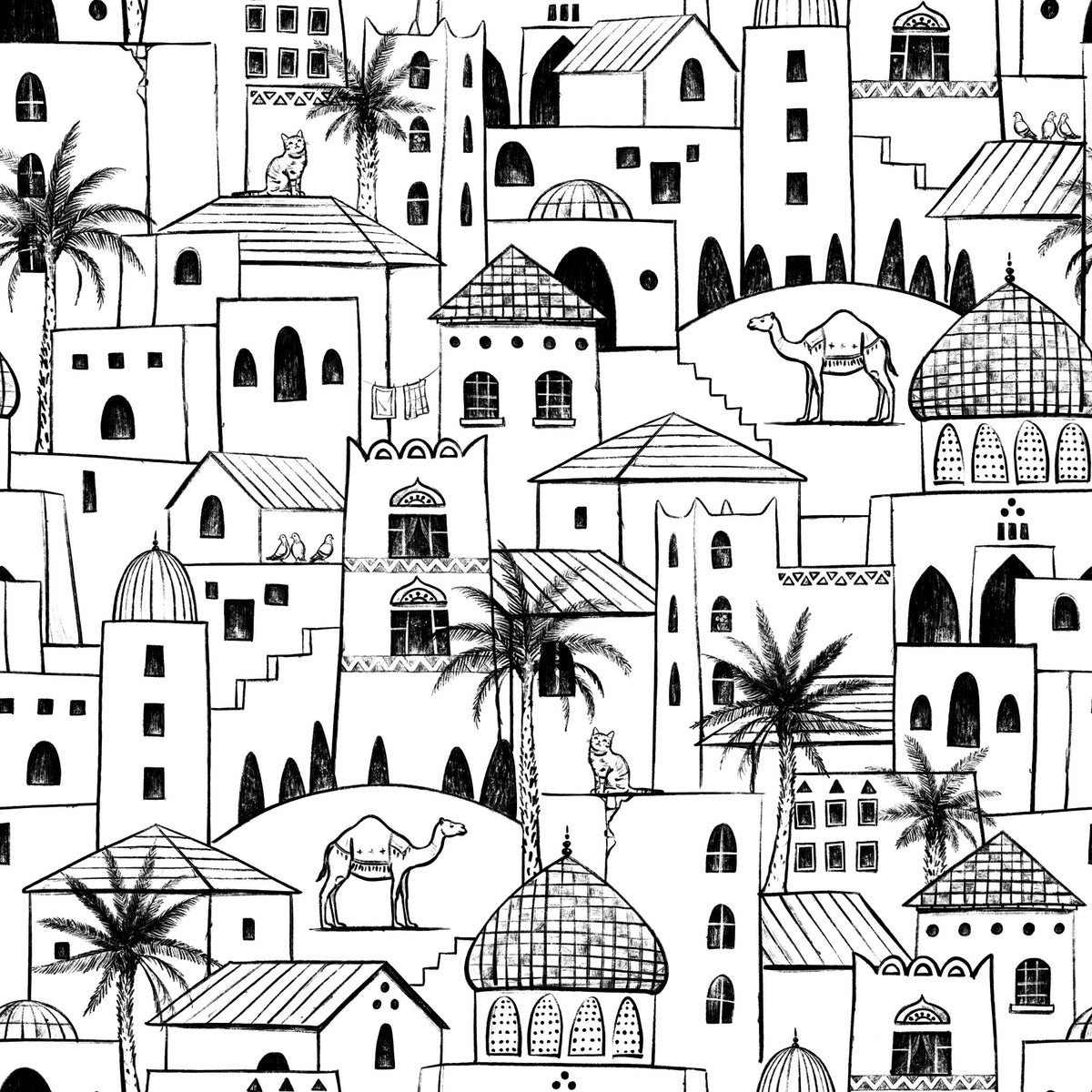 Middle Eastern Desert Town Sketch Wallpaper⁠ in your room — zoomed