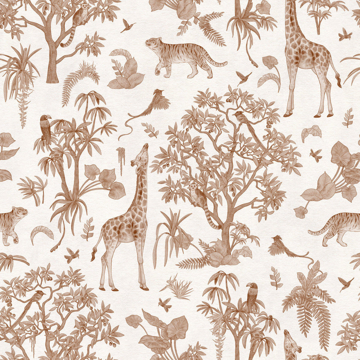 Monochromatic Wildlife Jungle Toile Wallpaper⁠