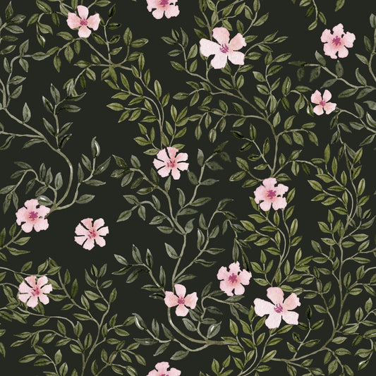 Soft Pink Floral Vines on Charcoal Wallpaper⁠