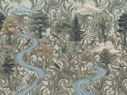 Misty Forest River Escape Wall Mural