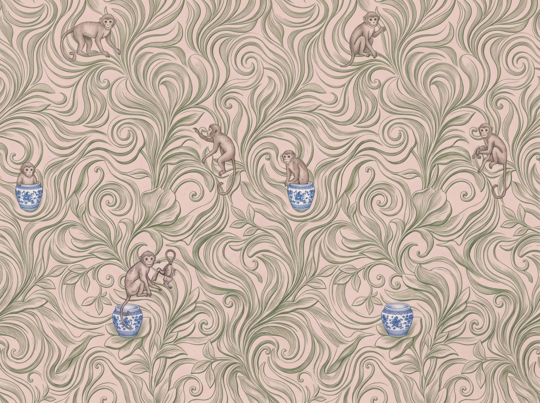 Playful Monkeys in Porcelain Vases Wall Mural