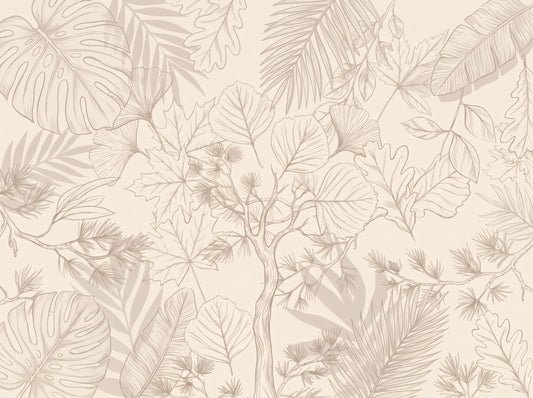 Cream Botanical Leaf Sketch Wall Mural
