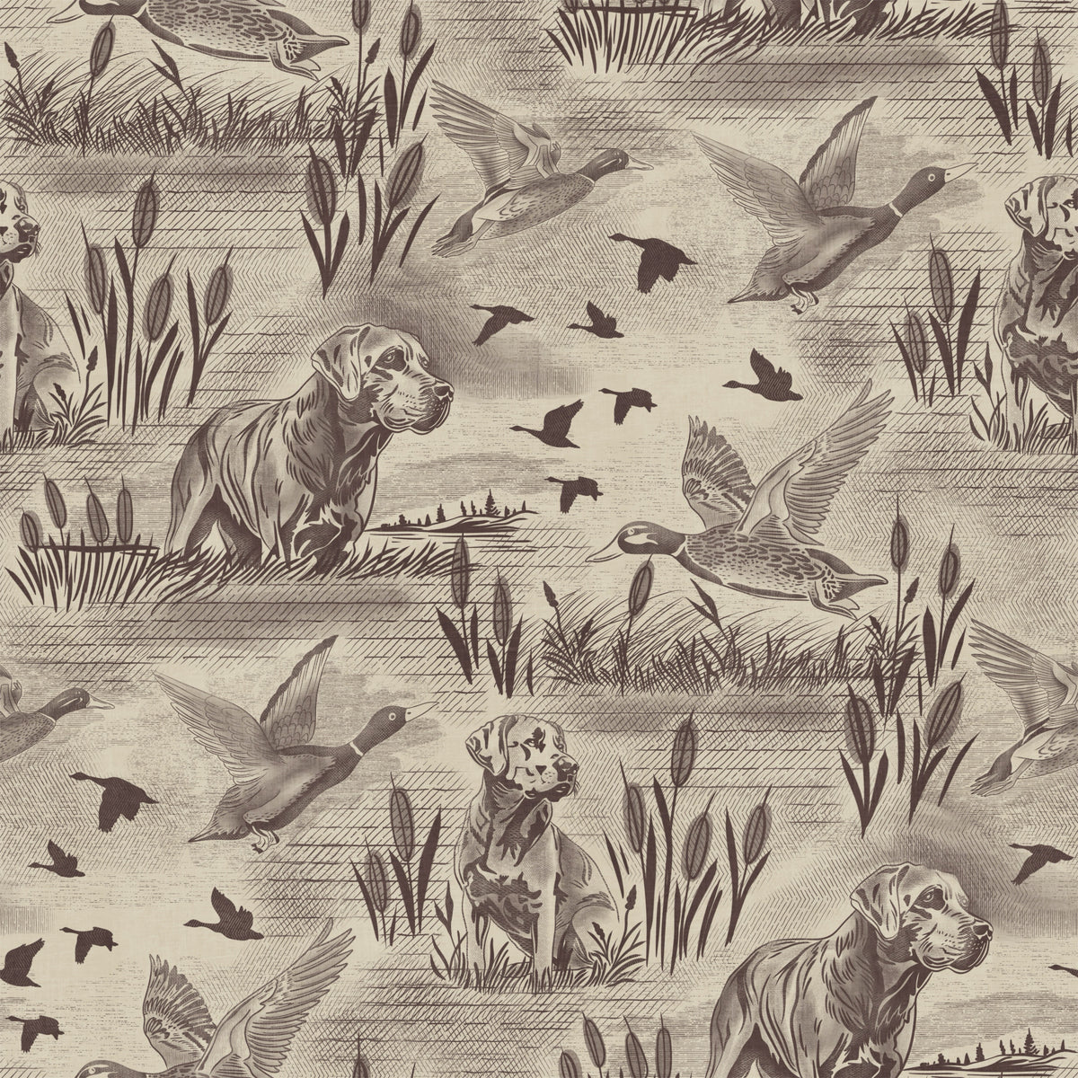 Etched Wildlife Meadow and Retriever Pattern Wallpaper⁠ in your room — zoomed