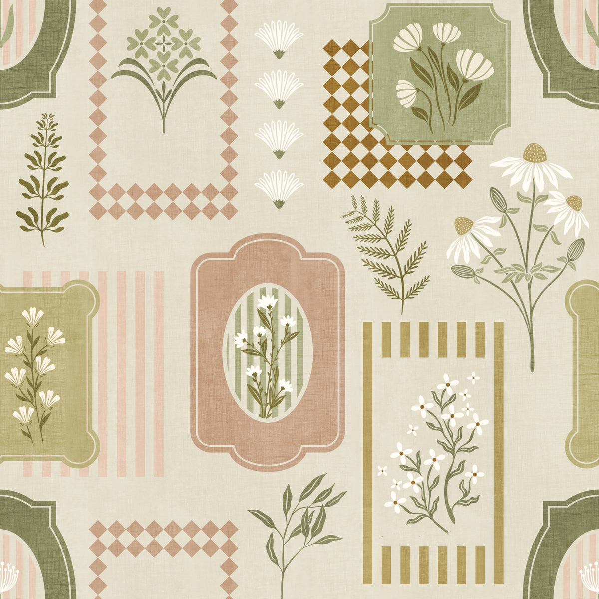 Rustic Garden Geometric Collage Wallpaper⁠ in your room — zoomed