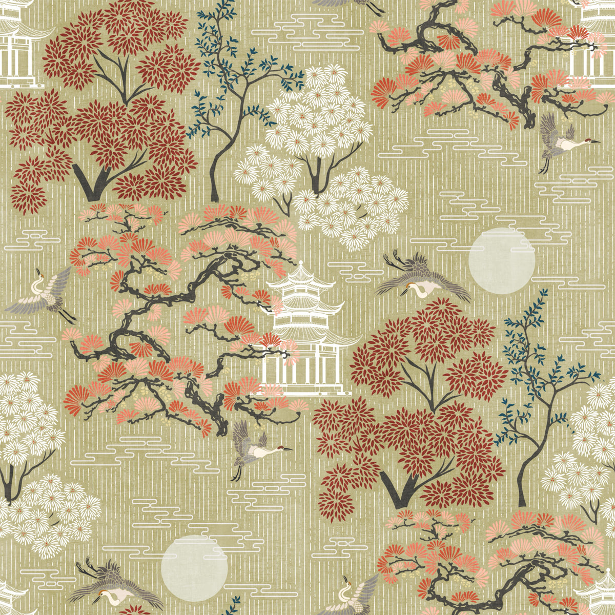 Oriental Crane and Pagoda Garden Wallpaper⁠ in your room — zoomed