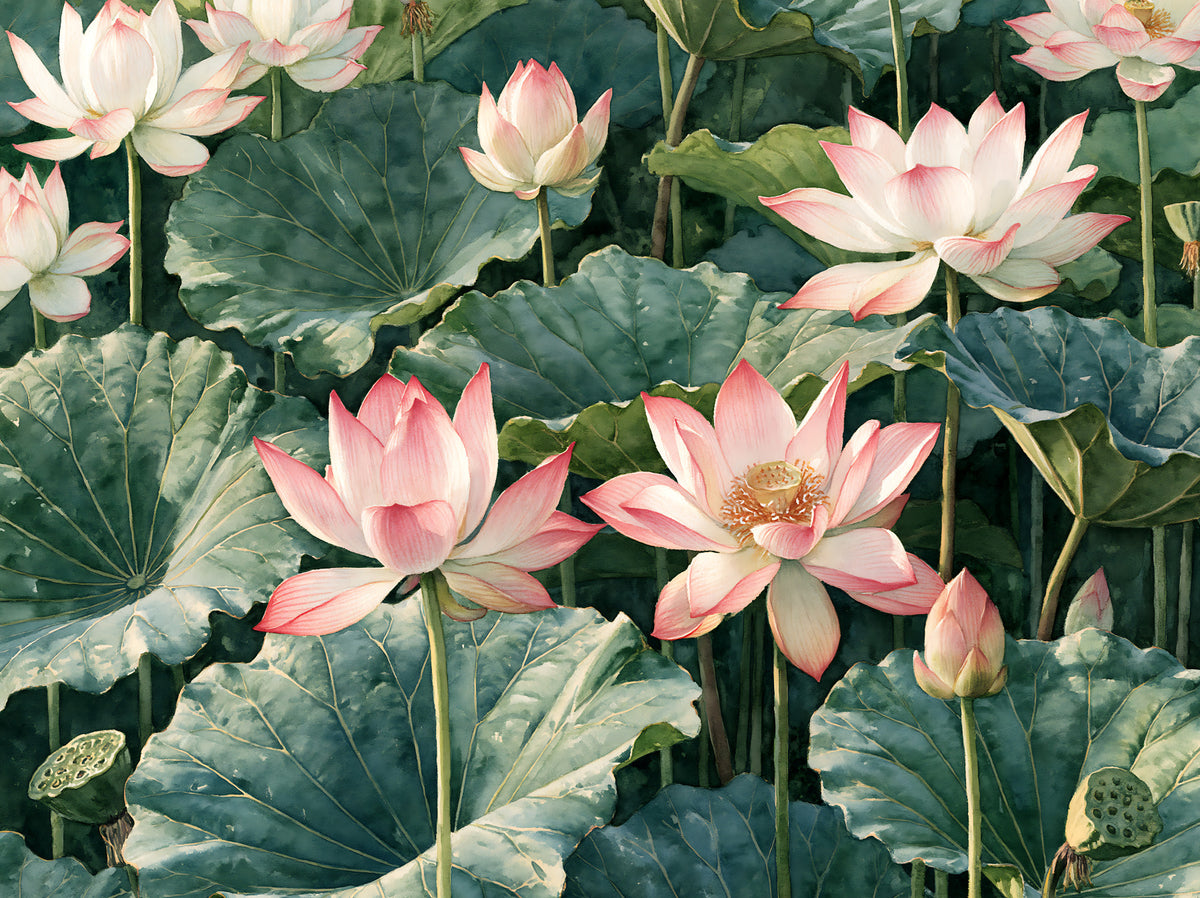 Serene Lotus Pond Botanical Illustration Wall Mural in your room — zoomed
