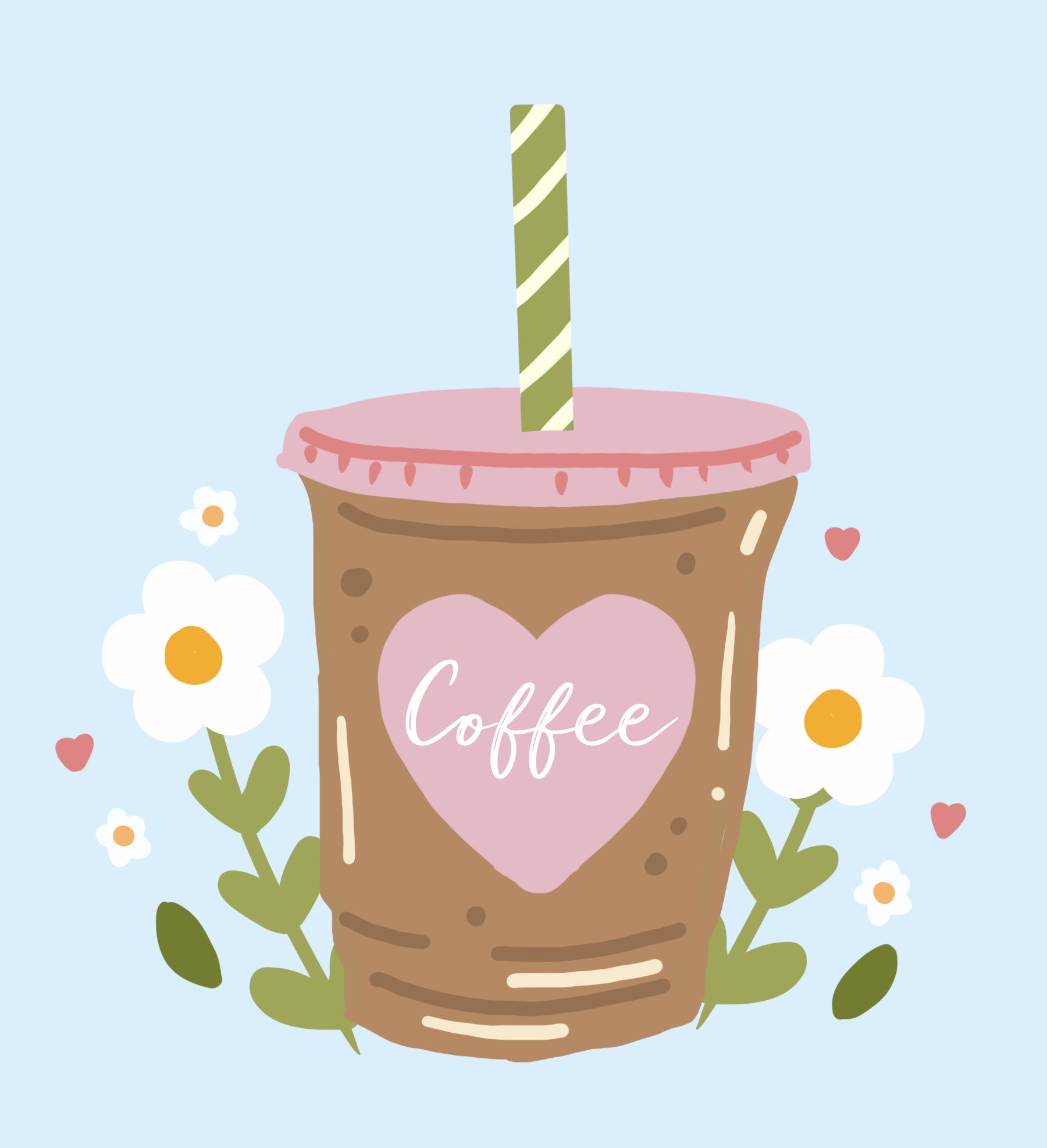Iced Coffee Heart Floral Illustration Wall Mural