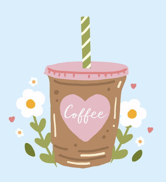 Iced Coffee Heart Floral Illustration Wall Mural