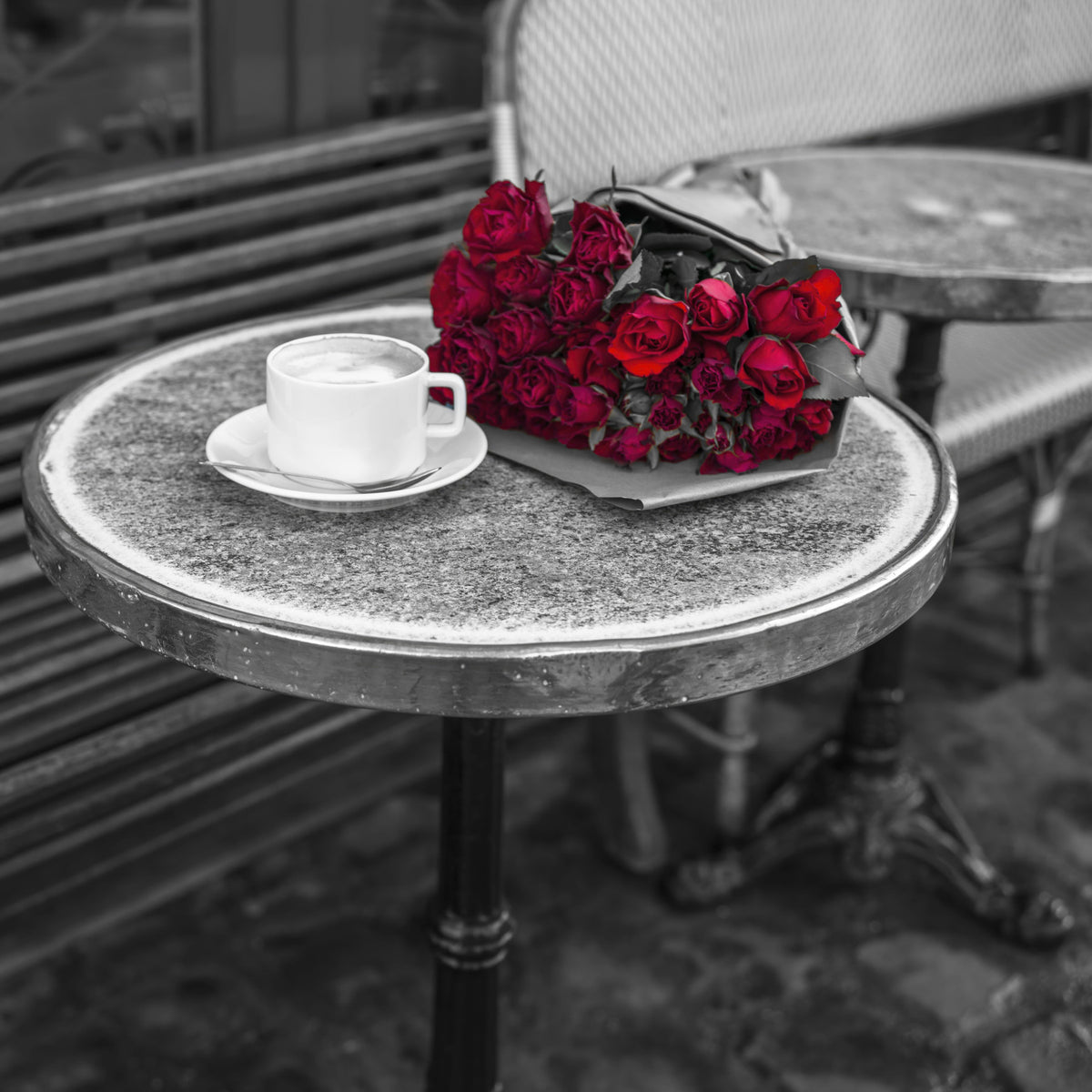 Crimson Blooms at a Bistro Table Wall Mural in your room — zoomed