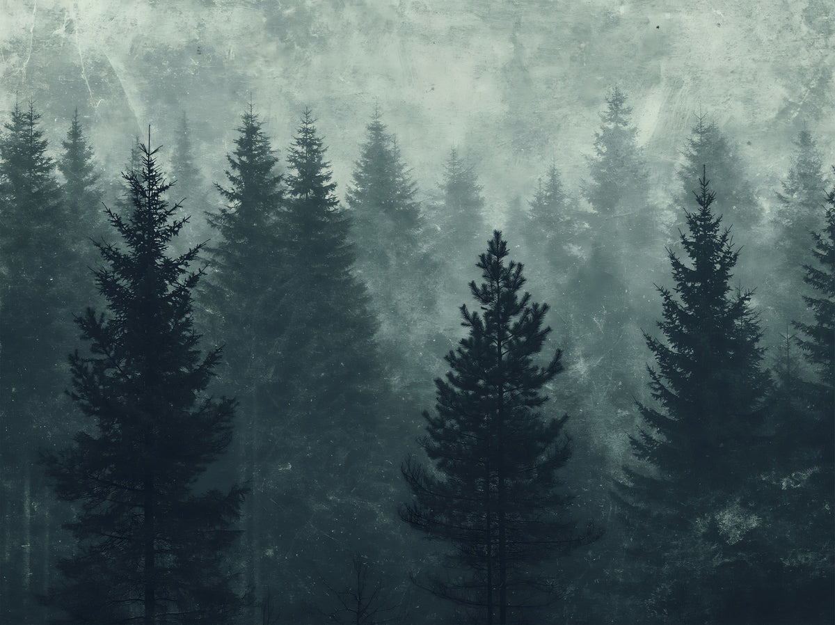Misty Pine Forest Silhouette Wall Mural in your room — zoomed