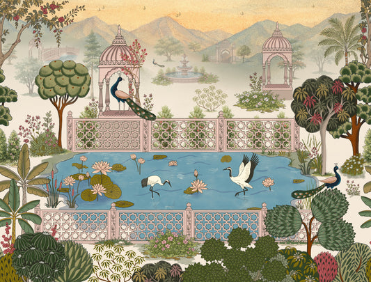Serene Lotus Pond and Pavilion Vista Wall Mural