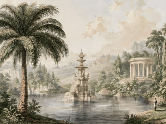 Serene Park Pond and Classical Architecture Wall Mural