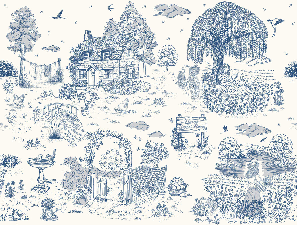 Toile de Jouy Country Cottage Sketch Wall Mural in your room — zoomed