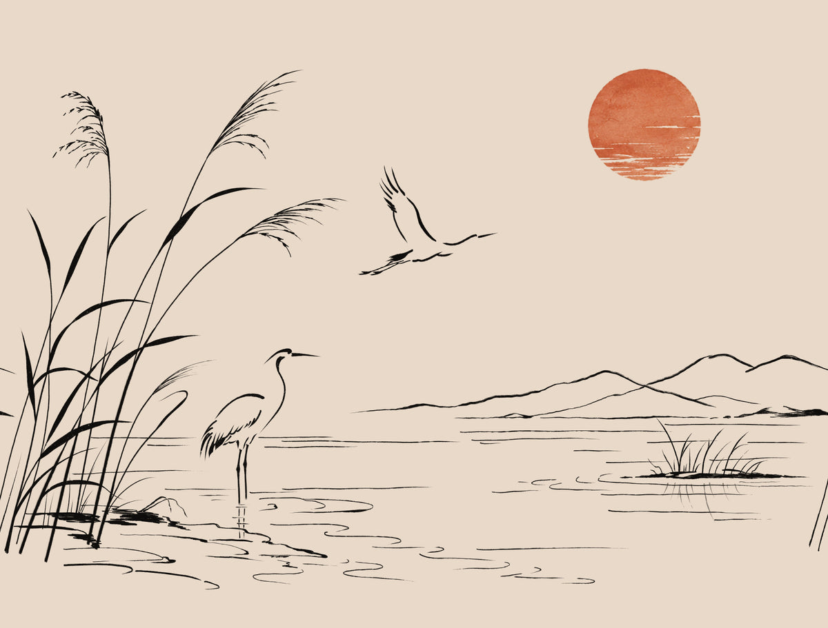 Minimalist Ink Wash Heron Landscape Wall Mural in your room — zoomed