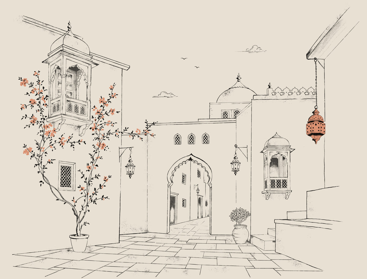 Serene Architectural Courtyard Sketch Wall Mural in your room — zoomed