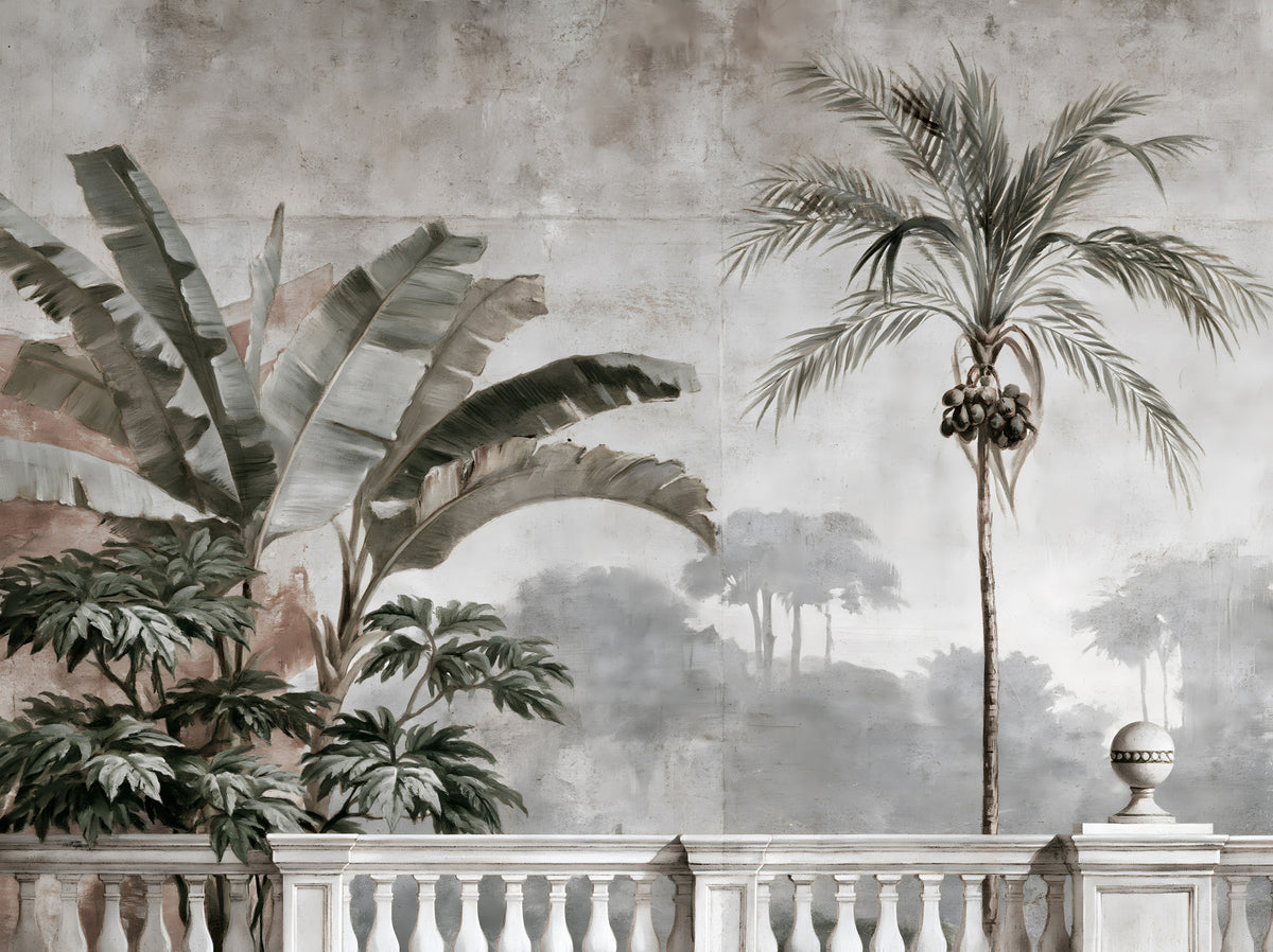 Vintage Tropical Balustrade Scene Wall Mural in your room — zoomed